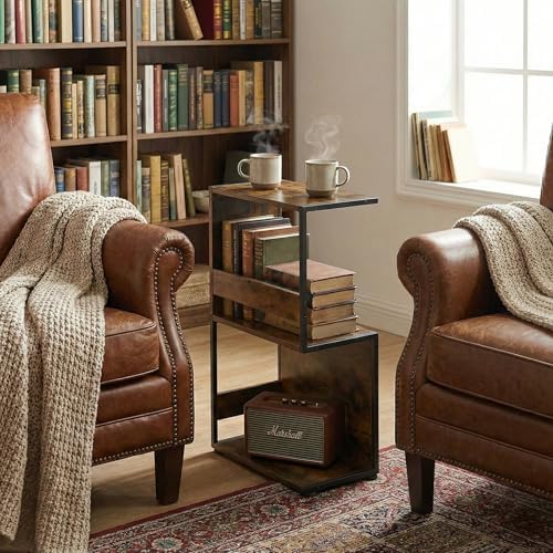 Narrow End Table for Small Spaces - Slim Side Table, S Shape Design Narrow End Tables Living Room,Skinny Bedroom Nightstand Thin Side Magazine Bookshelf (Rustic Brown)