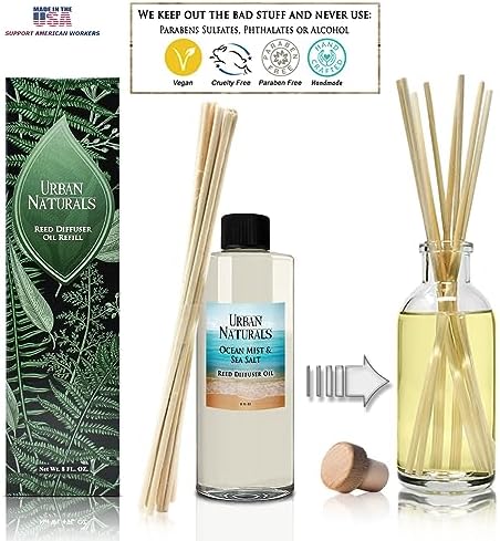 Urban Naturals Reed Diffuser Oil Refill Ocean Mist Sea Salt with Salt Spray, Violet Leaf, Sea Grass, Driftwood 8 oz + Free Reed Sticks, Made in the USA