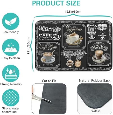 Fun Coffee Bar Mat, 19inx12in, Absorbent, Anti-Slip, Fits Under Coffee Machine