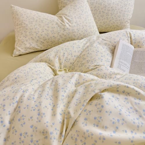 HighBuy Vintage Muslin Duvet Cover Set King,Blue Floral Print 100% Cotton Gauze Comforter Cover French Country Chic Floral Quilt Cover with 2 Pillowcases,3 Piece Soft Breathable Bedding Set