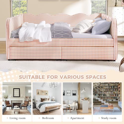 Queen Size Daybed with Storage Drawers, Linen Gingham Daybed with USB Ports & Wave Shaped, Upholstered Day Bed Frame, Modern Sofa Bed for Living Room/Bedroom/Guest Room, No Box Spring Needed, Pink