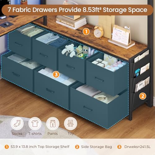 DICTAC Full Loft Bed with U-Shaped Desk,7 Storage Drawers and Charging Station,Metal Full Size Loft Bed with Led Lights and 2-Tier Storage Shelves,Teen loft Beds with Safety Guardrail & Stairs,Black