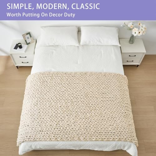 Bigacogo Chunky Knit Throw Blanket for Couch, 40x80 inches, Beige