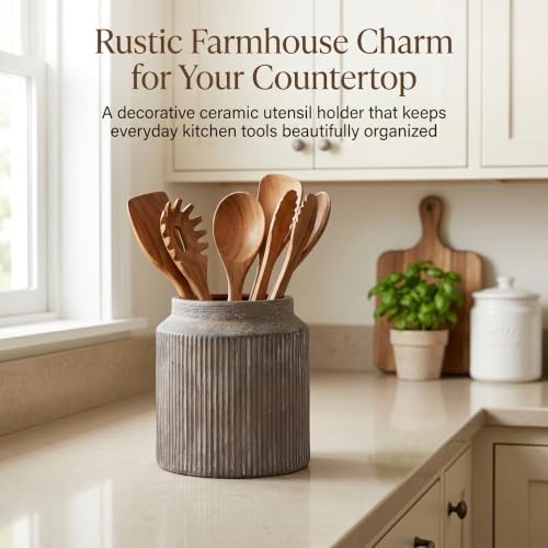 Ceramic Utensil Holder, Rustic Vintage Kitchen Utensil Holder