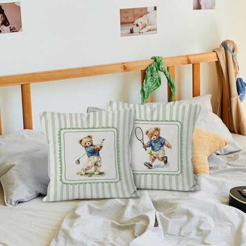 Sports Bear Nursery Throw Pillow Cover 18x18, Golf Tennis Player Bear Decorative Pillow Covers for Kids Toddler Boy Nursery Room Bedroom Playroom, Sports Accent Pillows Cover Pillowcases, Set of 2