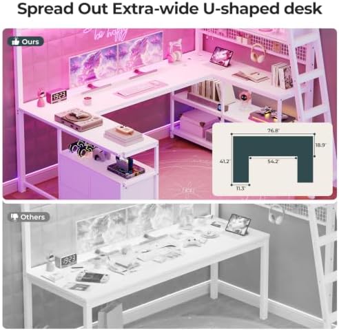 ADORNEVE Gaming Loft Bed Twin Size with U-Shaped Desk & RGB Cabinet, White