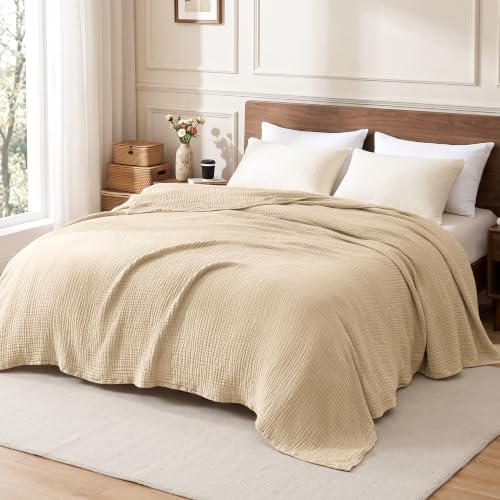 Love's cabin 100% Cotton Muslin Blanket King Size for Bed, Khaki