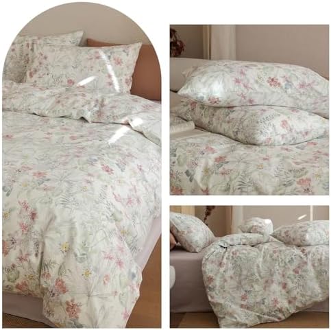 HighBuy Garden Duvet Cover Queen Floral Bedding Set Shabby Chic Boho Cotton Duvet Cover Queen Size Comforter Cover Set for Women Girls,Vintage Pink Floral,Soft and Breathable