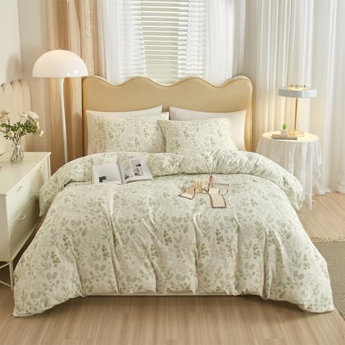 mixinni 3pcs Girls Boho Green Floral Duvet Cover Set Queen Size Cotton Soft Aesthetic Cute Flowers Leaves Pattern Bedding Comforter Cover, 1 Queen Duvet Cover with 2 Pillowcases for All Seasons