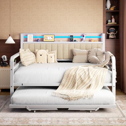 Daybed with Trundle and LED Light, Heavy Duty Metal Full Bed Frame with Upholstered Storage Headboard & Charging Station, Day Bed Pop Up Trundle Bed for Living Room,Bedroom and Guest Room, White