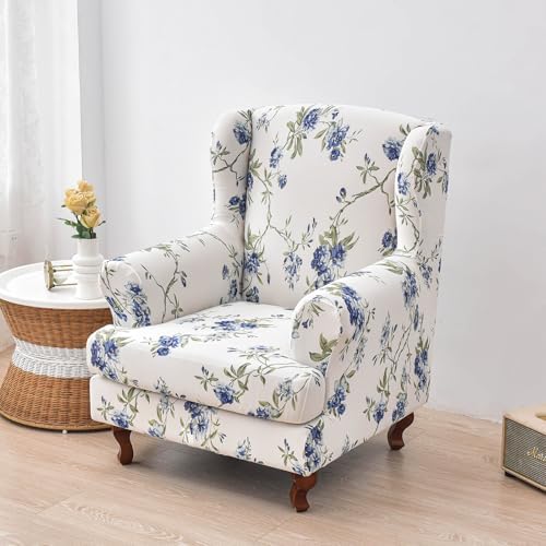 HAOYONG Wing Chair Slipcovers Elastic Printed Wingback Chair Covers 2 Pieces Wingback Armchair Slipcover Stretch Chair Slip Covers Washable Armchair Protector Cover for Living Room and Bedroom