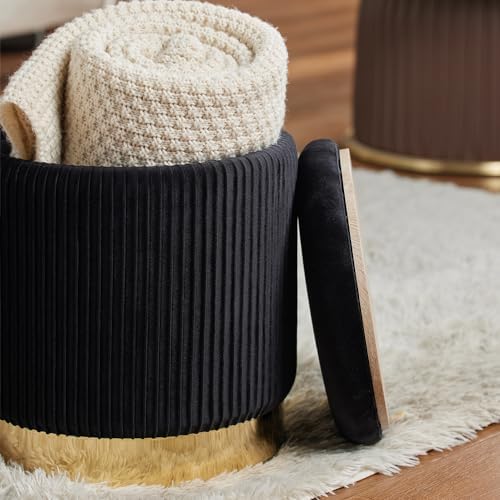 Round Ottoman with Storage Set of 2 Black Vanity Stool Foot Rest