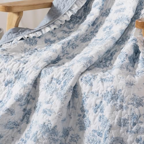 Brandream Blue Toile Quilted Throw Blanket 47" x 60" Cozy Cotton Decorative Blanket French Country Cottage Floral Quilt Throw for Bed Couch Sofa Daybed All-Season Coverlet