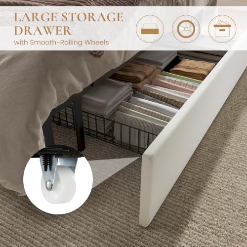 SHA CERLIN King Size Bed Frame with Storage Drawer & LED Lights, White
