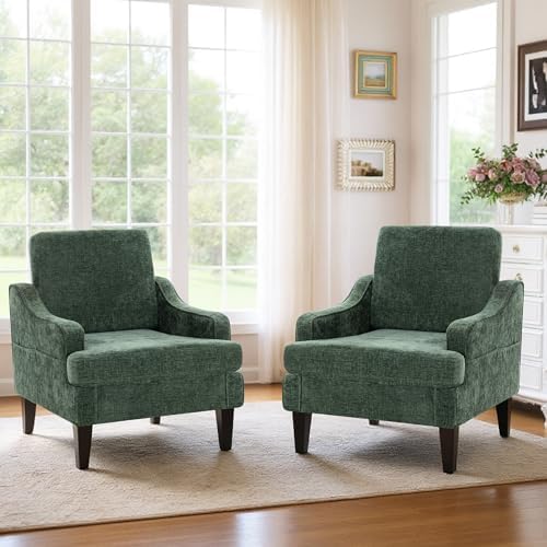Set of 2 Accent Chair for Living Room,Mid-Century Arm Chair Chenille Fabric Living Room Chairs,Upholstered Reading Chair for Bedroom,Single Sofa Chair with Wood Legs for Apartment (Green)