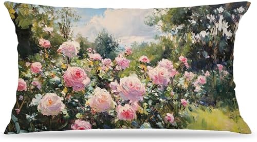 Vintage Rose Garden Nature Scene Pillow Cover 12x20 Double-Sided, Cottagecore Pink Flower Decorative Lumbar Throw Pillow Cover for Home Bedroom Living Room