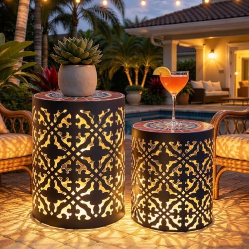 2-Pack Metal LED Side Table Outdoor, 3-Mode Lights, Modern Cut-Out