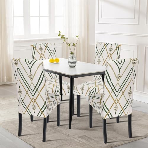 SearchI Dining Room Chair Covers Set of 6, Stretch Printed Kitchen Chair Slipcovers Removable Washable Parsons Chair Covers Protector for Dining Room, Hotel, Ceremony (Beige-Green Stripe)