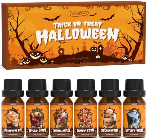 SALUBRITO Halloween Fragrance Oils Set, Funny Essential Oils Gift Set for Diffuser, Candle, Soap Making Scents, Pumpkin Pie, Spiced Cider, Caramel Apples, Candy Corn, Snickerdoodle, Witch's Brew