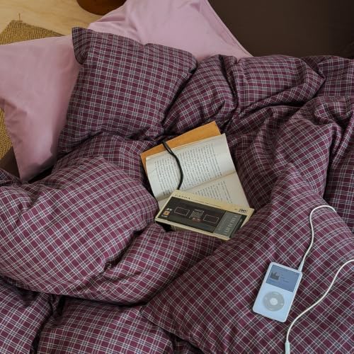 mixinni Vintage Burgundy Grid Duvet Cover Set King Size - 3 Piece Washed Cotton Bedding Set, Retro Buffalo Plaid Duvet Cover with Pillowcases, Mid Century Modern Bedding for All Seasons