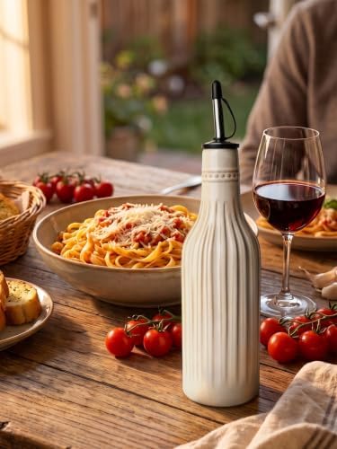 Ceramic Olive Oil Dispenser, 14 oz Vinegar Olive Oil Cruet (Vintage White)