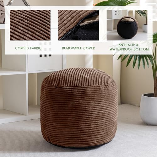 HIGOGOGO Round Stuffed Pouf Ottoman, Corduroy Poufs with Foam Chunk Filling, Furry and Fluffy Pouf Foot Stool Storage Ottoman, 26 X 18 Floor Poufs Foot Rest for Living Room, Brown