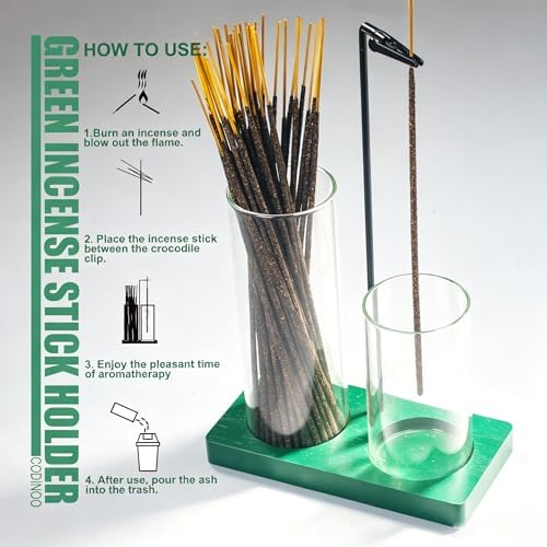 2 in 1 Incense Holder for Sticks Incense Burner Holder with Storage,Glass Upside Down Incense Holder for Sticks with Glass Ash Catcher for Meditation Yoga Spa Room Home Decor[Green]