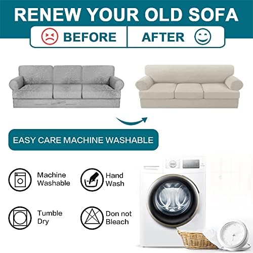 Turquoize 4 Piece T Cushion Sofa Slipcovers Stretch Couch Cover Furniture Covers with 3 Individual T Cushion Covers, Washable (3 Cushion Sofa,Island Fossi)