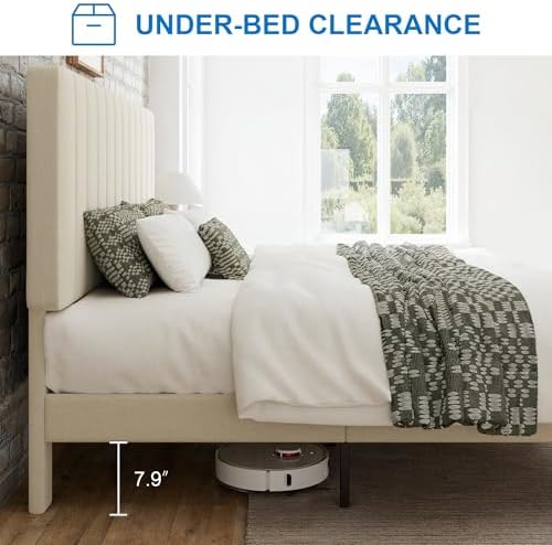 GOLDORO King Size Bed Frame with Adjustable Headboard, Linen Upholstered Platform Bed, Vertical Channel Tufted Design, Wooden Slat Support, No Box Spring Needed, Easy Assembly, Beige