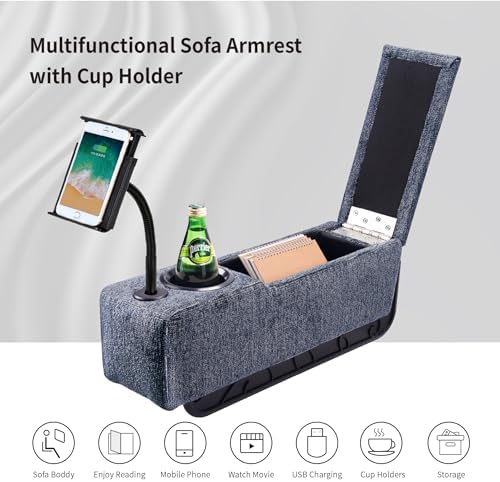 Multifunctional Sofa Armrest, Couch Armrest with Cup Holder, Removable Sofa Caddy with Storage,Equipped with LED Reading Light&Wireless Charge Stand, Navy