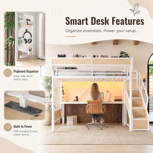 Twin XL Size Metal Loft Bed Frame with Staircase & Built-in Desk & Wardrobe, Loft Bed with Pegboard & Mesh Storage Baskets & Slats, No Box Spring Required, Easy Assembly, for Bedroom, White