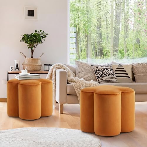 Orange Velvet Ottoman Set of 2, Small Vanity Stool, Flower Footstool