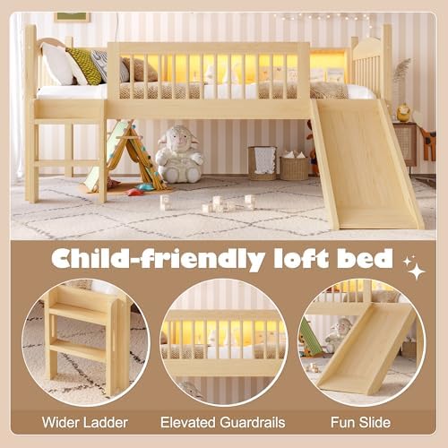 Bellemave Twin Loft Bed with Slide and Ladders, Solid Wood Low Loft Bed with Storage Shelves and LED Lights, Loftbed Frame for Kids, Boys, Girls, Childlike and No Box Spring Needed Design, Natural