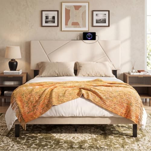 KOMFOTT Upholstered Full/Queen Headboard with Charging Station, Beige