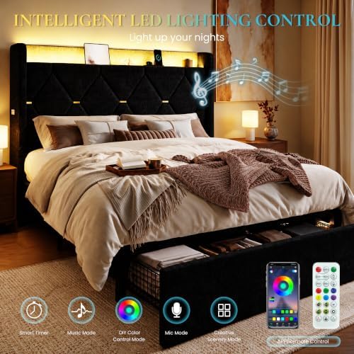 SHA CERLIN Full Size Bed Frame with Storage Drawer & LED Lights, Black