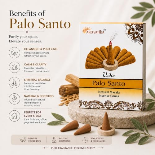 ARO VATIKA Vedic Palo Santo Natural Incense Cones Pack of 120, 12 Premium Boxes Non-Toxic Dhoop Cones for Meditation, Yoga, Spiritual Healing, Relaxation & Home Fragrance, Burn Time- 25 Mins
