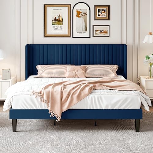 SHA CERLIN King Size Velvet Bed Frame, Tufted Wingback Headboard, Blue