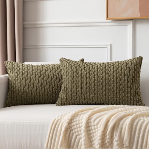 Kevin Textile Soft Corduroy 12"x20" Lumbar Pillow Covers 2 Pack Olive Green