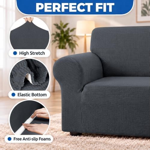 KEKUOU Stretch Couch Covers for Sofa, 3 Cushion Couch Slipcover,Charcoal