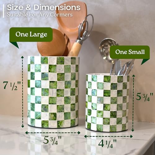 Chi An Home 7,4"+5.8" Capiz Pistachio Green Checkered Utensil Holders Set 2