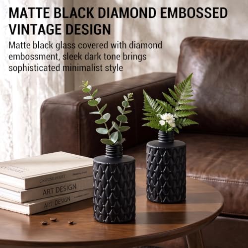 MyGift Black Glass Reed Diffuser Bottles with Cork Lids, Set of 2