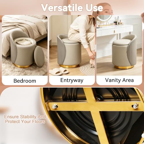 Vanity Chair with Storage, Leather Vanity Stool, 360° Swivel Makeup Chair with Back, No Assembly Upholstered Accent Chairs Stool for Bedroom, Dressing Room, Living Room, Grey