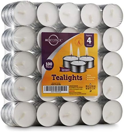 MontoPack Unscented Tea Light Candles 100 Pack | 4 hours, White, Smokeless, Dripless Small Votive Paraffin Tealights | Long-Lasting for Home, Shabbat, Weddings, Events, Emergencies | Mini Candles Bulk
