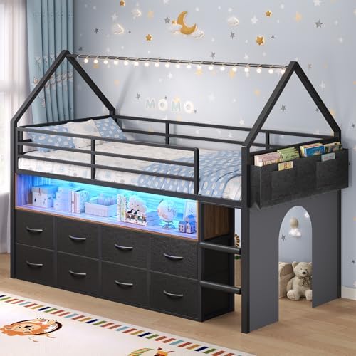 Low Loft Bed Twin Size with 8 Storage Drawers, LED House Loft Bed
