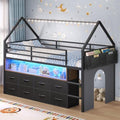 Low Loft Bed Twin Size with 8 Storage Drawers, LED House Loft Bed