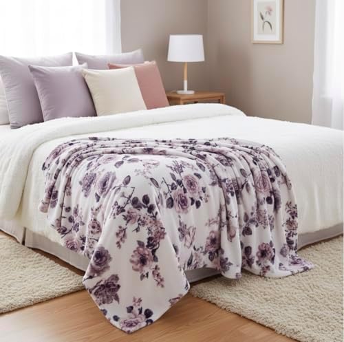 Soft Fleece Throw Blanket, Elegant Floral Roses Lavender White Pink, 50x70