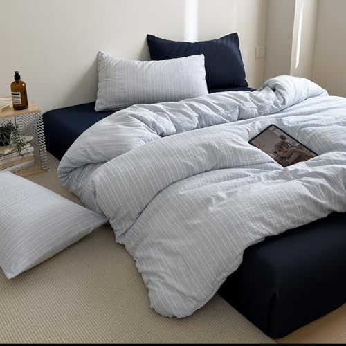 Textured Duvrt Cover King Size 3Pcs Vintage Light Blue Striped Bedding Set