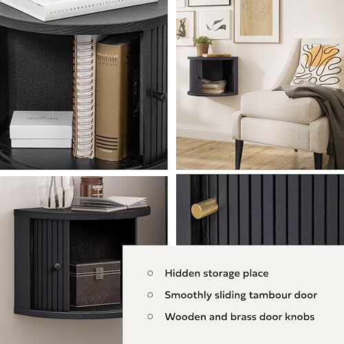 16'' Fully Assembled Floating Nightstand with Storage and Sliding Door - Floating Side Table for Bedroom and Living Room. Mid Century Modern Nightstand Wood, Bedside Shelf Wall Mount (Black Oak)