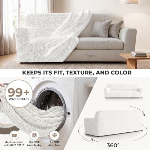 PAULATO Premium Stretch Couch Covers for Sofa - Sofa Chair Cover Washable, Dogs & Pets Friendly - Elastic Polyester Loveseat Slipcovers - Non-Slip Love Seat Couch Covers - Crisp White (86"-120" Wide)