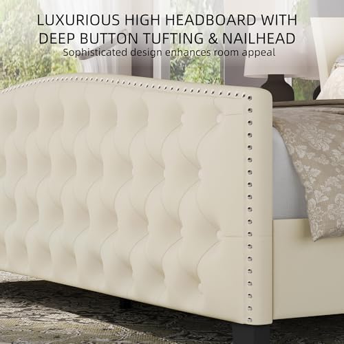 BRELTAM Upholstered Queen Size Bed Frame Velvet Beige Tufted Platform Bed Frame with Wingback Headboard & Footboard, with Deep Button Tufted & Nailhead Wooden Slats Support, No Box Spring Needed
